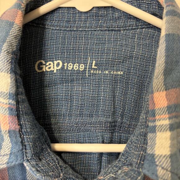 Gap Men's Retro Soft 100% Cotton Flannel Shirt Blue and Pink Size Large Relaxed - Picture 2 of 7
